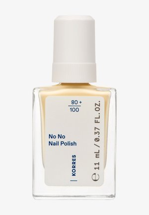 Bottiglia di smalto per unghie trasparente con tappo bianco, etichettata "No No Nail Polish" di Korres, contenente 11 mL (0,37 FL. OZ.) di prodotto.