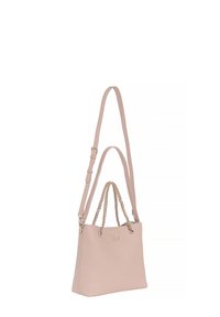 Borsa a tracolla in ecopelle rosa chiaro con forma rettangolare, due manici intrecciati e una tracolla rimovibile con dettagli in oro.