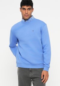 Svetlomodrá mikina s okrúhlym výstrihom, rebrovanými manžetami a lemom. Obsahuje malú vyšívanú nášivku na hrudníku. Skombinovaná s károvanou košeľou.