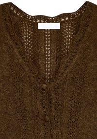 Bruine gebreide cardigan met een V-hals, knopenclosure en opengewerkte kantpatronen aan de voorkant. Zachte textuur met fijne details.