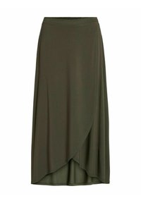 Maxi-rok in olijfgroen van zachte stof, met een overslagontwerp en een elastische tailleband voor comfort. Gladde textuur met een vloeiende val.