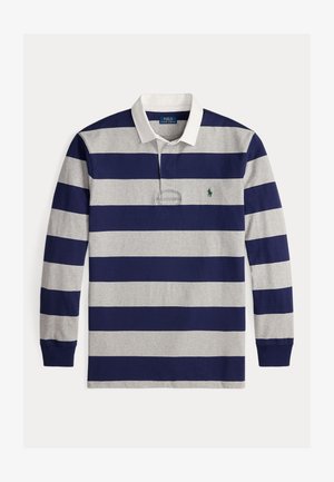 Langermet polo-skjorte med vekslende marineblå og lys grå striper, hvit krage og en liten grønn logo på brystet.