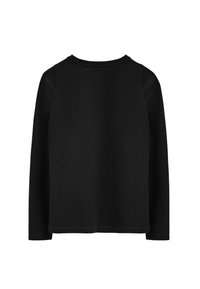 Svart långärmad skjorta med rund halsringning och rak nederkant. Tillverkad av mjukt, slätt tyg utan synliga mönster eller detaljer.