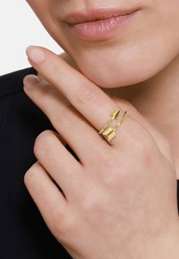 Anello d'oro con un design ad arrow e foglia, con una finitura lucida e una forma delicata e snella, indossato sulla mano di un modello.