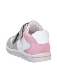 Velcro-closure sneaker featuring grey suede, pink suede accents, white perforated panels, and a textured rubber sole. Soft interior lining.