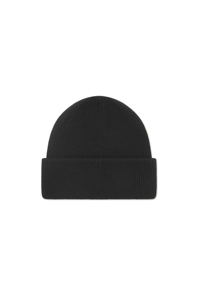 Bonnet noir tricoté avec un revers, présentant une texture côtelée et un matériau doux et extensible. Design simple et sans couture.