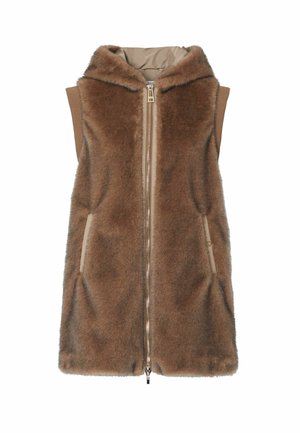 Veste marron sans manches avec capuche, texture douce en fausse fourrure et fermeture éclair à l'avant.