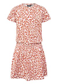 Leopardmönstrad klänning med korta ärmar, elastisk midja och en blandning av orange och rosa nyanser på en ljus bakgrund.