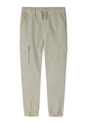 Pantalons cargo khaki en tissu doux, avec une taille élastique, deux poches latérales et deux poches cargo latérales avec des poignets élastiques.