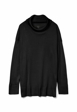 Sort sweater med høj cowl-neck, lange ærmer og et afslappet fit. Lavet af blødt strikstof med en glat tekstur og en lige kant.