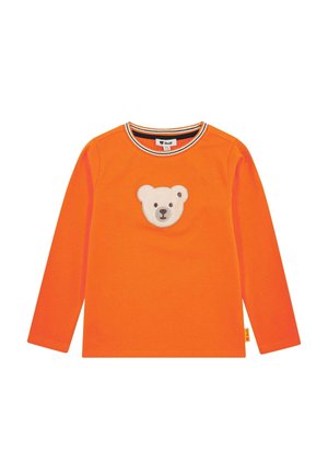 Hellorangene, langärmlige Kinderbluse mit rundem Ausschnitt und einem weißen Teddybärgesicht-Patch in der vorderen Mitte.
