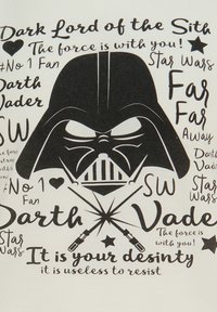 Zwart-wit grafiek met het masker van Darth Vader, tekst met zinnen uit Star Wars, sterren en lichtzwaarden die een kruispatroon vormen.