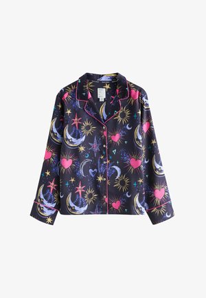 Dark long-sleeve button-up shirt with pink piping, featuring colorful celestial and heart patterns in yellow, red, blue, and purple tones.