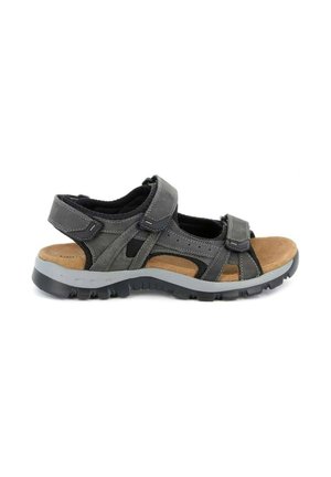 Sandalo da esterno grigio con punta aperta, cinturini in velcro regolabili e soletta imbottita color cuoio, progettato per comfort e uso robusto.