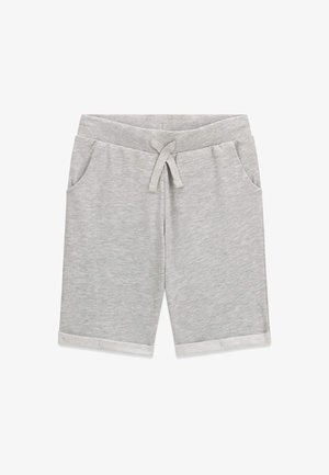 Shorts décontractés gris clair avec une taille élastique, un cordon de serrage, des poches latérales et des ourlets repliés.