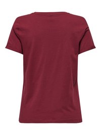 Jednofarebné tričko s krátkym rukávom v tmavočervenej farbe, zobrazené zozadu s jednoduchým okrúhlym výstrihom.