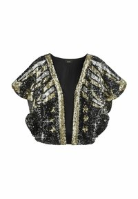 Crna i zlatna jakna od sequina s dubokim V-izrezom, širokim rukavima i uzorkom zvijezda, s mekanim materijalom i sjajnim završetkom.