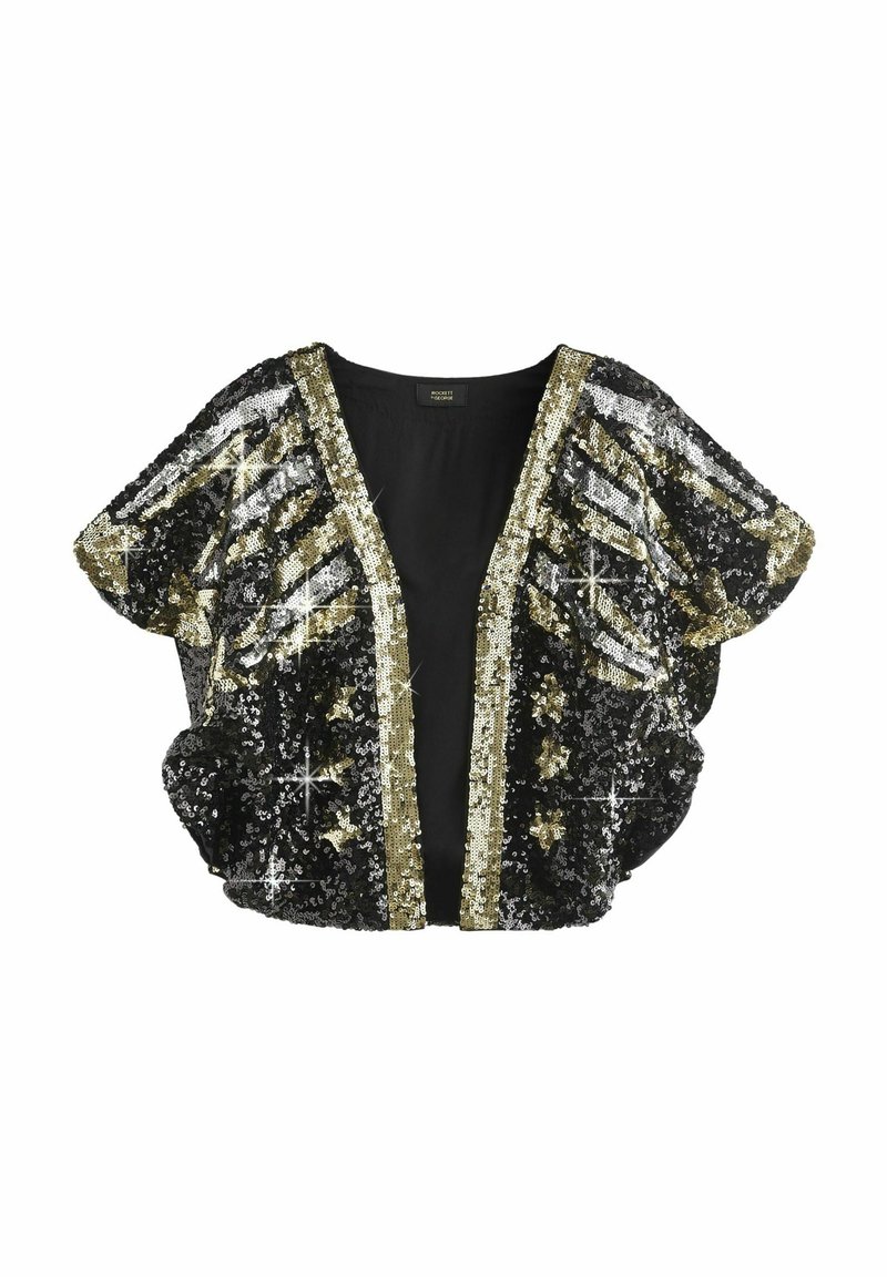 Crna i zlatna jakna od sequina s dubokim V-izrezom, širokim rukavima i uzorkom zvijezda, s mekanim materijalom i sjajnim završetkom.