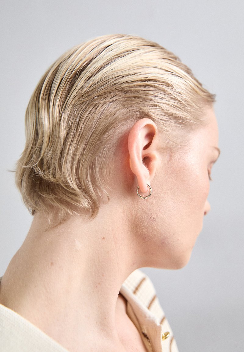 Strieborné kruhové náušnice s vrúbkovanou textúrou, nosené na uchu s krátkymi vlasmi. Pozadie je neutrálne, pričom zdôrazňuje dizajn náušnice.