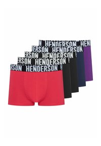 Męskie bokserki w kolorach czerwonym, czarnym, granatowym, fioletowym i szarym, z elastycznymi paskami w talii z logo "Henderson". Wykonane z miękkiej bawełny.