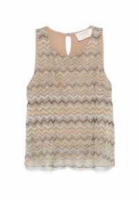 Top senza maniche beige con motivo a zigzag texturizzato in tonalità di marrone e argento. Dettaglio del retro a chiave. Tessuto morbido e leggero.