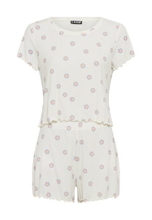 Valge soonikkoes vabaajakomplekt lühikeste varrukatega ja laineliste servadega, millel on lillemuster roosa ja sinise toonides nii särgil kui ka lühikestes pükstes.