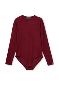 Bodysuit z długim rękawem w kolorze burgundowym, wykonany z miękkiego materiału, z okrągłym dekoltem i zapięciem na napy na dole. Gładka faktura, dopasowany krój.