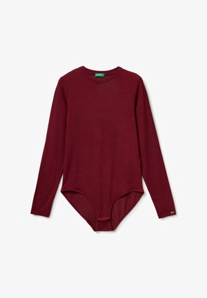 Bodysuit a maniche lunghe in bordeaux, realizzato in tessuto morbido, con scollatura rotonda e chiusura a strappo sul fondo. Texture liscia, design aderente.