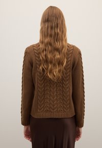 Brown cable-knit sweater featuring textured patterns along the back and sleeves, with a fitted hem and ribbed cuffs.