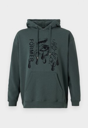 Dark green hoodie made of soft fabric featuring a front pocket, drawstring hood, and graphic text with an eye design and teardrops.