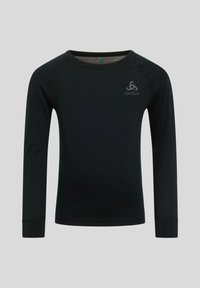 T-shirt thermique noir à manches longues fabriqué dans un matériau doux. Doté d'un col rond et d'une couture contrastée. Logo Odlo affiché sur la poitrine.
