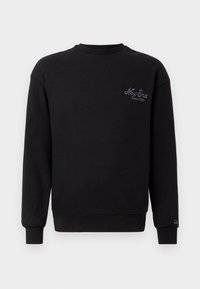 Schwarzer, langärmeliger Pullover mit gerippter Textur. Verfügt über einen Rundhalsausschnitt und ein gesticktes "New Era"-Logo auf der linken Brust.