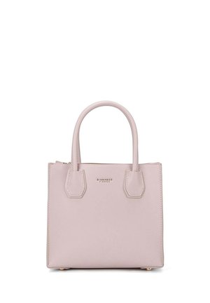 Piccola borsa strutturata in morbida pelle rosa con due manici arrotondati, dettagli hardware decorativi e chiusura con zip.