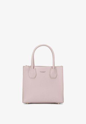 Small, structured handbag in soft pink leather with two rounded handles, decorative hardware accents, and a zip closure.