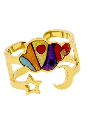 Złoty otwarty pierścionek z kolorowym centrum w kształcie chmurki, z wycięciem gwiazdy po jednej stronie i półksiężyca po drugiej.