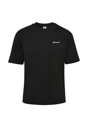 T-shirt noir à manches courtes avec col rond et petit logo blanc "Hummel" sur la poitrine gauche.