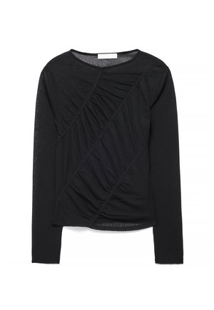 Top nero a maniche lunghe con scollo rotondo e dettaglio in tessuto arricciato diagonalmente sul davanti e sulle maniche.