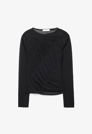 Top nero a maniche lunghe con scollo rotondo e dettaglio in tessuto arricciato diagonalmente sul davanti e sulle maniche.