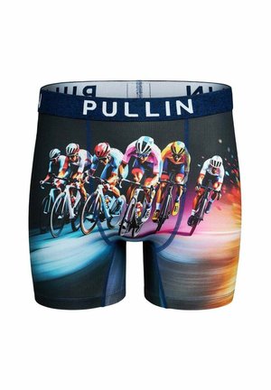 Boxer homme avec un dessin de six cyclistes en course sur un fond flou coloré, ceinture de marque avec l'inscription "PULLIN."