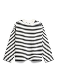 Černobílé pruhované tričko s dlouhým rukávem a kulatým výstřihem, s rovnoměrně rozmístěnými vodorovnými pruhy na hladké látce.