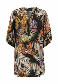 Schwarze Tunika mit bunten, tropischen Blattmustern in Orange, Lila und Creme. Sie hat einen V-Ausschnitt und Halblange Ärmel mit Knopfakzenten.
