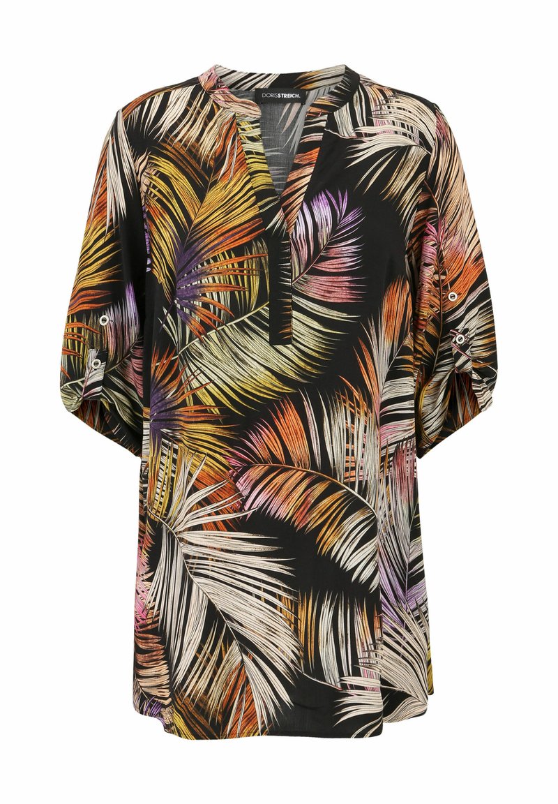 Schwarze Tunika mit bunten, tropischen Blattmustern in Orange, Lila und Creme. Sie hat einen V-Ausschnitt und Halblange Ärmel mit Knopfakzenten.