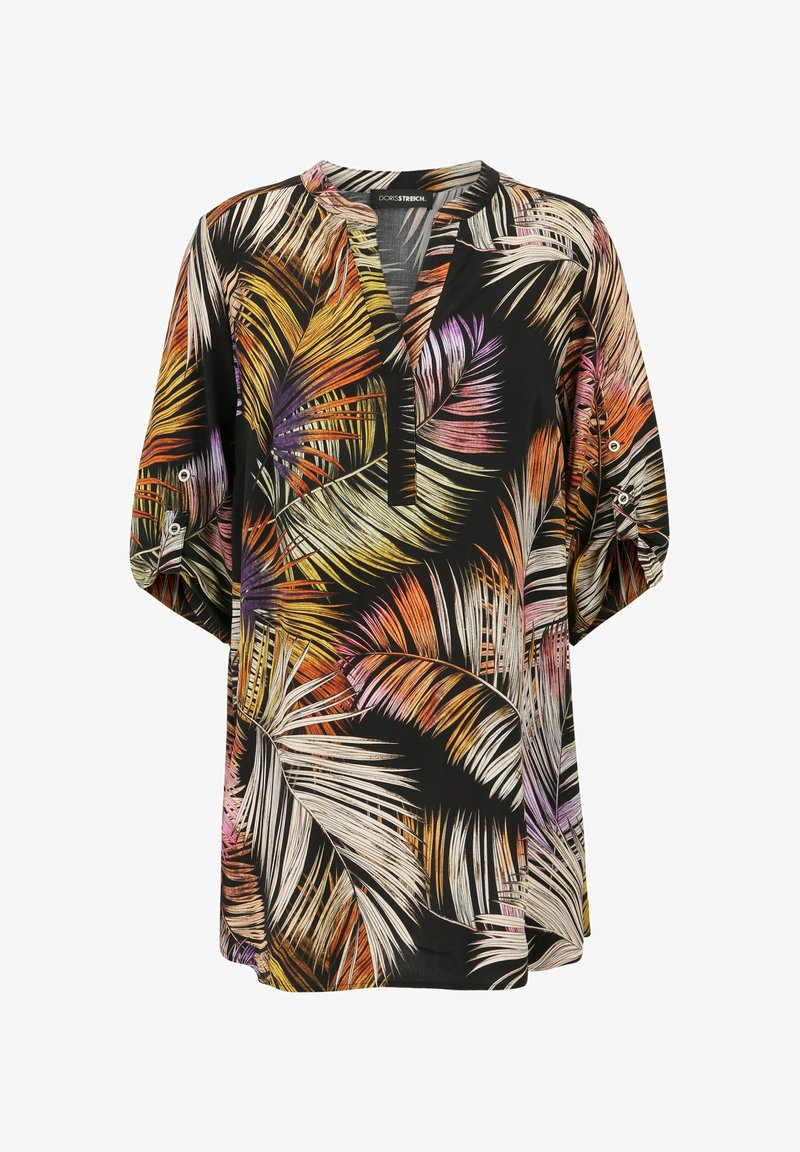 Schwarze Tunika mit bunten, tropischen Blattmustern in Orange, Lila und Creme. Sie hat einen V-Ausschnitt und Halblange Ärmel mit Knopfakzenten.