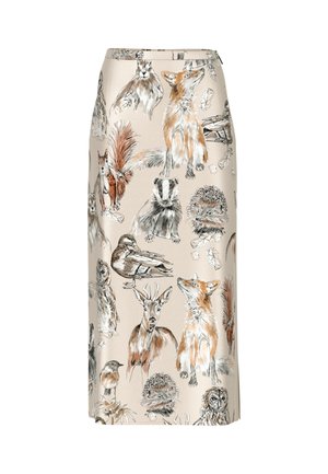 Beige Rock mit detaillierten Tierillustrationen, darunter Füchse, Rehe und Vögel, in Erdtönen und mit einer glatten Stofftextur.
