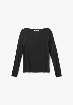 Fekete, hosszú ujjú, laza fitneszű felső, széles nyakkivágással, bordázott textúrával és standard aljjal. Puha, rugalmas anyagból készült.