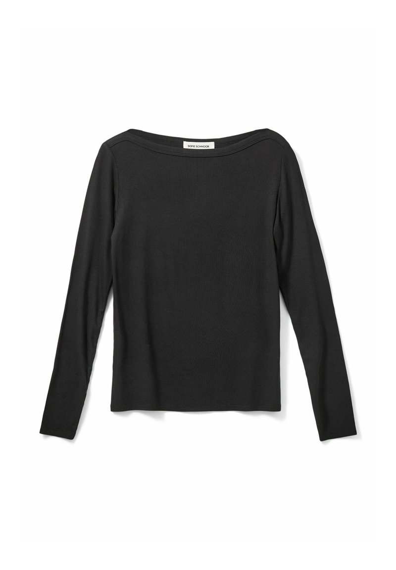 Must have pikkade varrukatega must t-särk, millel on lõdvestunud lõige, avar kaelus, sooniktekstuur ja standardne ääreline. Valmistatud pehmest ja venivast materjalist.