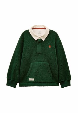 Dark green fleece rugby-style pullover with white collar, front kangaroo pocket, ribbed cuffs, and small orange embroidered logo on chest.