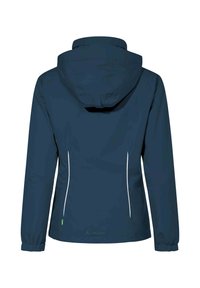 Giacca impermeabile navy con cappuccio, caratterizzata da dettagli in zip bianchi e polsini elasticizzati. Texture morbida, design elegante e dettaglio con apertura posteriore.