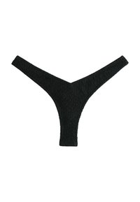 Chilot negru, cu textură, tip thong, cu un față în formă de V și laturi late, realizat dintr-un material moale, țesut. Potrivit pentru o acoperire minimală.