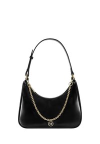 Borsa a tracolla in pelle nera dalla forma curva, con una accentuazione in catena dorata e tracolla regolabile. Presenta un dettaglio del logo sulla parte anteriore.